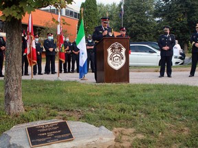 North Bay Police Chief Scott Tod addresses the media and first responders, Saturday, on the 20th anniversary of the terrorist attacks in the United States, behind the Tree of Hope planted following the attacks in memory of the victims.
PJ Wilson/The Nugget