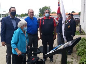 Port Elgin native, WW11 veteran Vivian Winnifred Sees Wotton, was the special guest at the Town of Saugeen Shores unveiling of an interpretive plaque honouring the war service of 19 local women, including Wotton. Mayor Luke Charbonneau (left), Heritage Committee chair Bill Streeter and former Saugeen First Nation chief Vernon Roote attended the Sept. 4 unveiling outside the municipal offices in Port Elgin.