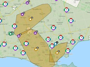 A map on Hydro One's StormCentre website shows a large number of power outages in Norfolk County on Monday.