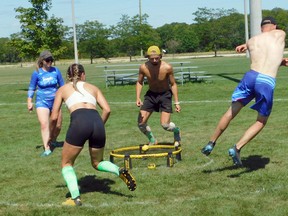 A rousing game of roundnet, popularly known as Spikeball.