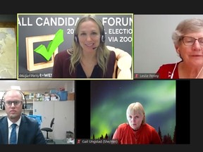 Moderator Megan Perry, centre, led the debate featuring (l-r) candidates Colin Krieger, Arnold Viersen, Gail Ungstad and Leslie Penny.