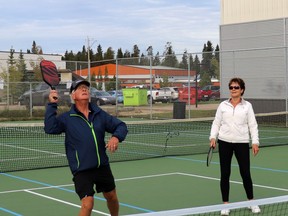 Guye Lappin and Ella Moffat enjoyed a game of pickleball at the new courts outside the Scott Safety Centre Wednesday morning.