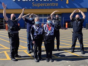 Free Our Finest team members Dan Rabel, Nick Sahl and Alex Plant were joined  by Wetaskiwin Walmart manager Bryan Peeters and Special Olympics athlete Shaun Pydde and manager Jan Pydde for a little YMCA practice before this year’s Free Our Finest event Sept. 24-26.
