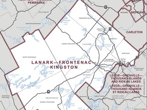 A map of the Lanark - Frontenac - Kingston federal riding.
