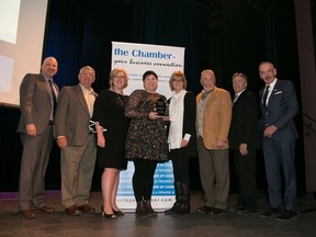 Past winners celebrate on stage at the Portage Chamber Awards. (supplied photo)