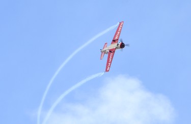 Eighty-year-old pilot Gord Price of Thornbury kicked off Wednesday’s Stratford Airshow with some high-flying acrobatics. Galen Simmons/The Beacon Herald/Postmedia Network