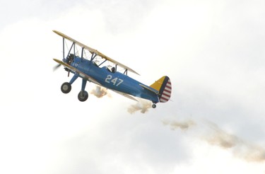 David “Flyboy” Hewitt of Woodstock showed off his flying skills at the airshow in Stratford Wednesday evening. Galen Simmons/The Beacon Herald/Postmedia Network