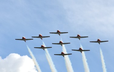 The Canadian Forces Snowbirds roared in with their CT-114 Tutors as the highlight of Wednesday’s airshow in Stratford. Galen Simmons/The Beacon Herald/Postmedia Network