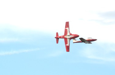 The coordination required to pull off some of the stunts, maneuvers and formations performed by the Canadian Forces Snowbirds at Wednesday’s airshow had those in attendance applauding and honking their car horns. Galen Simmons/The Beacon Herald/Postmedia Network