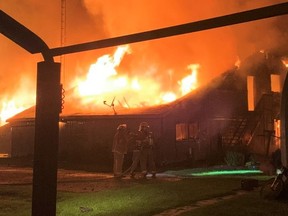 Damage was pegged at $700,000 following a fire on a farm north of Langton in the early morning hours of Wednesday. No injuries were reported. – Norfolk County Fire Department photo
