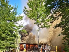 A cabin on the property of the Mattawa River Resort and Cardinal Restaurant was damaged by fire caused by a wood stove, Wednesday morning. Submitted Photo