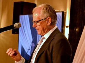 Local entrepreneur and philanthropist Rob Staffen speaks about the lessons he’s learned in growing his businesses with his family while supporting the community during the Stratford and District Chamber of Commerce’s 25th annual Business Excellence Awards last year. (Galen Simmons/Beacon Herald file photo)