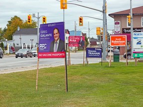 Federal campaign signs are seen at the end of the overpass at Lakeshore Drive and Judge Avenue, Sept. 2. Michael Lee/The Nugget