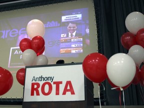 CTV News declares Liberal incumbent Anthony Rota as the winner in Nipissing-Timiskaming just after midnight, Tuesday. Michael Lee/The Nugget