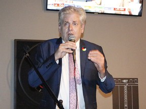 New Democrat Charlie Angus addresses party faithful after he won the Timmins-James Bay riding for the seventh-straight time during Monday’s federal election. Conservative Morgan Ellerton was second, while Liberal Steve Black was third and People’s Party of Canada candidate Stephen MacLeod finished in fourth place. RICHA BHOSALE/THE DAILY PRESS