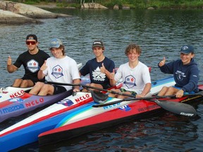 Sudbury Canoe Club sprint kayakers, from left, Evan Volpini, Lucas Gilpin, Matteo Volpini, Cole Macey, and Lucas Gilpin.