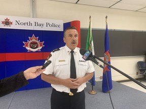 North Bay Police Chief Scott Tod addresses local media, Tuesday, about a cellphone video showing a group of students from École secondaire catholique Algonquin, on school property, chanting “F*** Jews” and “Heil Hitler,” while holding their arms in a Nazi salute. North Bay police are investigating. Jennifer Hamilton-McCharles/The Nugget