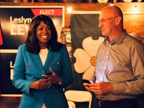 Conservative MP Leslyn Lewis of Dunnville and her husband Jan Balca celebrate her win in Monday's federal election in the riding of Haldimand-Norfolk -- Contributed photo