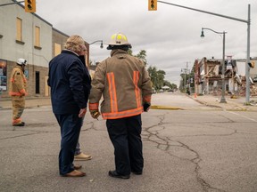 Ontario Premier Doug Ford is shown at the blast site in downtown Wheatley on Tuesday. (Handout)