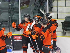 The Flyers didn't feel the need to let up on their celebrations Sunday night when Winkler took down the Terriers 8-2 on home ice at Stride Place. (Aaron Wilgosh/Postmedia)