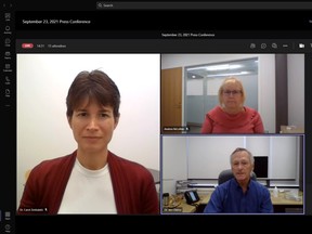 Dr. Carol Zimbalatti, left, Andrea McLellan and Dr. Jim Chirico address COVID-19 issues, Thursday, at the weekly news conference of the North Bay Parry Sound District Health Unit.
Screen capture