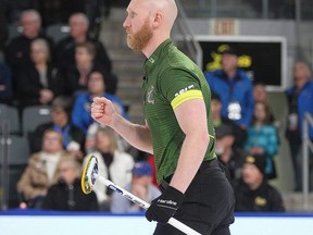 Sault Ste. Marie curler Brad Jacob fist pumps after a shot at the 2020 Tim Hortons Brier in March of 2020. After a pair of top-three results to start the 2021-22 curling season, Jacobs and his crew are preparing for the Major League Western Showdown in Swift Current on Oct. 8-11.