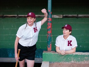 Together, playwright and actor Kelly McIntosh and actor Stacy Smith portrayed all eight Stratford softball players, as well as several other characters, in Here For Now Theatre's Kroehler Girls, part of the 2021 New Works Festival. Photo by York Lane Art Collective