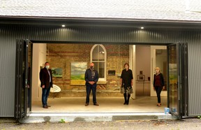 Left to right, Stratford Mayor Dan Mathieson, Perth-Wellington MP Randy Pettapiece, Stratford Gallery Director Angela Brayham and Louise Vousden, Gallery Board Treasurer, pose for a photo Friday morning at inside the gallery's new outdoor-indoor performance space, The Shed, which is part of several recently completed enhancements to the gallery funded through grants from the Ontario Trillium Foundation. Galen Simmons/The Beacon Herald/Postmedia Network