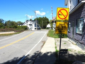 Sign at Quabbin Road rail crossing warns crossing 'not suitable for low bed trailers." Wayne Lowrie'Recorder and Times