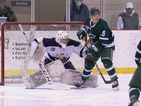 The Sherwood Park Crusaders (pictured against Spruce Grove in their home-opener) are 2-3 to start the season, scoring 11 goals in a pair of games, but splitting their weekend series with the Grande Prairie Storm. Photo courtesy Target Photography