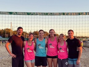 “Sexy Beaches” posed after downing “Can You Dig It” 21-18 and 21-17 to take the competitive beach volleyball championship as Social Athletics of Saugeen Shores staged its season-ending tournament at Port Elgin Main Beach Sept. 17/18. [Nicole Deyell]