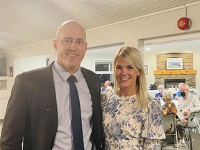 Ben Lobb celebrated his fifth win for another term as Conservative MP of Huron-Bruce with his wife Samantha at the Goderich Sunset Golf Course in Goderich on Monday night. Kathleen Smith/Postmedia