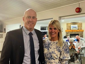 Incumbent Ben Lobb of the Conservative Party was the projected winner in Huron-Bruce Monday night, his fifth straight victory in the riding. Above he stands with his wife Samantha at the Goderich Sunset Golf Course.