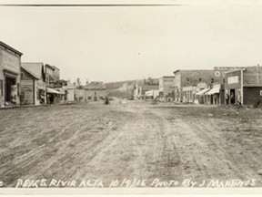 •	68.138.c – Main Street Peace River 1916. The potentially dusty street is well occupied with diverse businesses, including at least one blacksmith’s shop on the east side of the street. Although it is not believed to be Bill Andrew’s blacksmith’s shop, it may have been one Baldy Red frequented for shoeing his horses