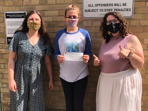 On September 17 Eden Babbitt delivered her donation to the Jane Goodall Institute of Canada. L-R: Thalia Kornhauser, Eden Babbitt, Rachel Gruber. SUBMITTED