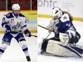 Madisyn Papineau, left, and Mireille Kingsley, shown during their time with the Sudbury Lady Wolves U18 AA team, have returned to the United States to begin the 2021-22 NCAA hockey season.