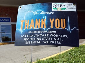 A sign outside Trenton Memorial Hospital's emergency department in August 2020 thanks health care workers. Quinte Health Care's board has recognized the efforts of its charitable foundations and fund development committee in helping the public thank workers throughout the pandemic and for raising funds.