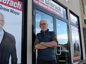 Spruce Grove resident Len Gierach is running for mayor in the 2021 municipal election. He is pictured here standing outside his campaign headquarters downtown.