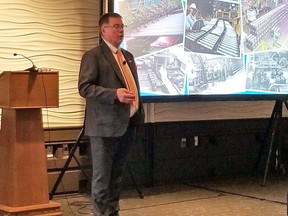 Algoma Steel CEO Michael McQuade updates the company's position on the electric arc furnace technology at the Sault Ste. Marie Chamber of Commerce AGM at the Marconi Cultural Event Centre on Thursday afternoon. PHOTO BY DON FERGUSON/SAULT STE. MARIE CHAMBER OF COMMERCE