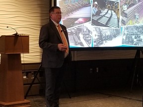 Algoma Steel CEO Michael McQuade updates the company's position on the electric arc furnace technology at the Sault Ste. Marie Chamber of Commerce AGM at the Marconi Cultural Event Centre earlier this fall.  PHOTO SUPPLIED.