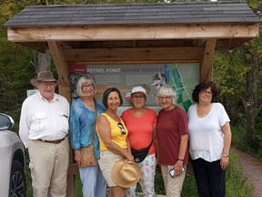Members of the Huron Fringe Field Naturalists pose at the entrance to the Petrel Point Nature Reserve August 28, 2021. L-R: John and Helena Hill, Joanne Stanley, Jane Neilsen, Heather Keetch and Lynn Johnston. Missing are Donna Murray and photographer Susan Greco. SUBMITTED