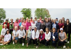 The ladies section from the Pembroke Golf Club recently gathered for a year-end awards ceremony. Taking part were (back from left) Deanna Mark, Gilda McKay, Anne Roach, Freda Stresman, Lene Eland, Krista Mohns, Chantelle Harwood, Sue Roman, Lana Trader, Katie Collins, Vera Hoyland, Jean Hynes, Monica Harrington, Taylor Gavin; (middle from left) Diana Gagne, Donna Patterson, Diane Wood, Fay Grolway-McCarthy, Diane Dafoe, Dolores Armstrong, Lorna Pearson, Margaret Dickerson, Sue Mohns, Karen Thompson, Karen Pleadwell, Sue O’Meara, Mindy Lorbetskie; and (front from left) Anna Warner, Darlene Dumas, Cheryll Stott, Katharine Saunders, Sandra Clark, Marlie Clouthier, Marianne Clouthier, Patty Clouthier, Joanne O’Connor, Debby Jurgens.