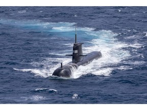 Royal Australian Navy submarine HMAS Rankin is seen during AUSINDEX 21, a biennial maritime exercise between the Royal Australian Navy and the Indian Navy on Sept. 5, 2021. Australia, the United States and the United Kingdom have announced a new strategic defence partnership — known as AUKUS — to build a class of nuclear-propelled submarines and work together in the Indo-Pacific region.