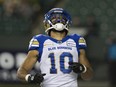 The Winnipeg Blue Bombers' Nic Demski (10) celebrates a touchdown during first half CFL action at Commonwealth Stadium, in Edmonton Saturday Sept. 18, 2021.
