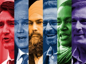 From left, Liberal Leader Justin Trudeau, Conservative Leader Erin O'Toole, NDP Leader Jagmeet Singh, Bloc Quebecois Leader Yves-Francois Blanchet, Green Party Leader Annamie Paul and People's Party of Canada Leader Maxime Bernier.