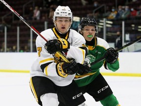 Sarnia Sting's Alexis Daviault (17) and London Knights' Easton Cowan (7) chase the puck in an OHL pre-season game at Progressive Auto Sales Arena in Sarnia, Ont., on Saturday, Sept. 4, 2021. Mark Malone/Chatham Daily News/Postmedia Network