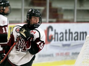 Chatham Maroons' Lucas Fancy plays against the LaSalle Vipers in a GOJHL pre-season game at Chatham Memorial Arena in Chatham, Ont., on Sunday, Sept. 12, 2021. Mark Malone/Chatham Daily News/Postmedia Network