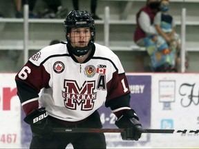 Chatham Maroons' Cameron Symons (16) plays against the Leamington Flyers in a GOJHL pre-season game at Chatham Memorial Arena in Chatham, Ont., on Sunday, Sept. 19, 2021. Mark Malone/Chatham Daily News/Postmedia Network