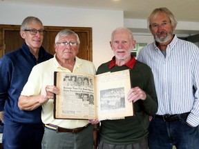 Gary McCuaig, left, Ed Myers, Keith Chandler and Dennis Makowetsky put together a reunion of Chatham Minor Baseball Association provincial championship teams held in Chatham, Ont., on Wednesday, Sept. 22, 2021. Mark Malone/Chatham Daily News/Postmedia Network