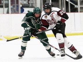 Chatham Maroons' Cameron Graham, right, and St. Marys Lincolns' Myles Baker battle for the puck in the first period at Chatham Memorial Arena in Chatham, Ont., on Sunday, Sept. 26, 2021. Mark Malone/Chatham Daily News/Postmedia Network